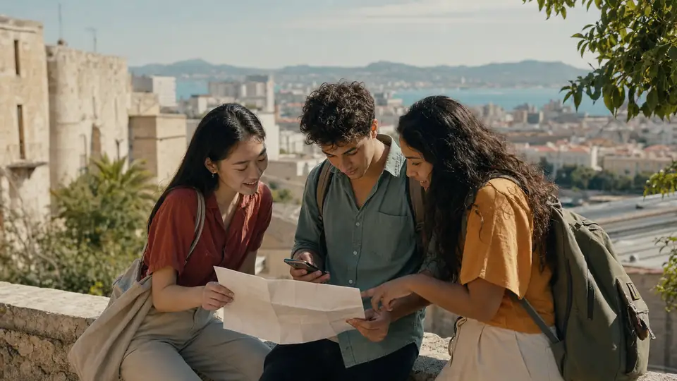Akdeniz ortamında üniversite seçeneklerini karşılaştıran üç öğrenci