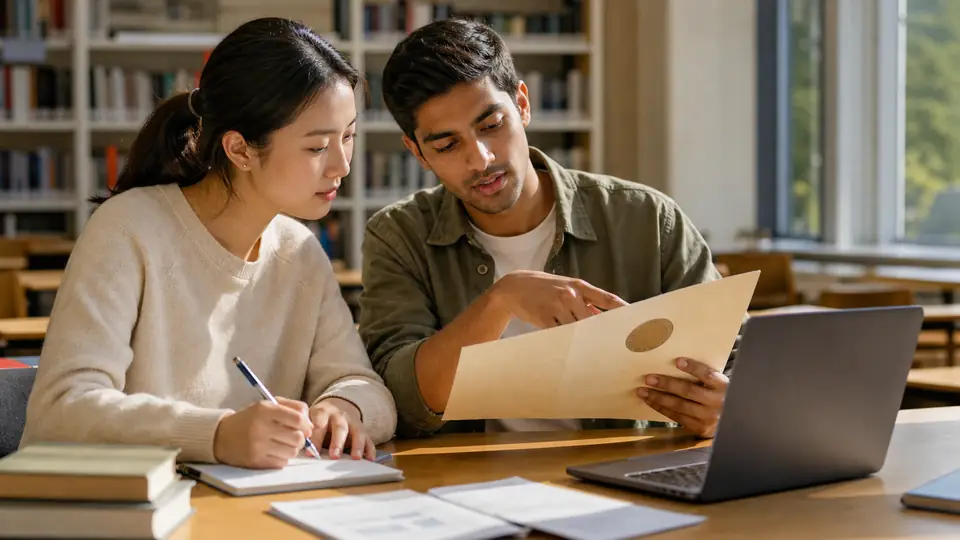 Diploma belgesiyle resmî bilgileri karşılaştıran iki uluslararası öğrenci