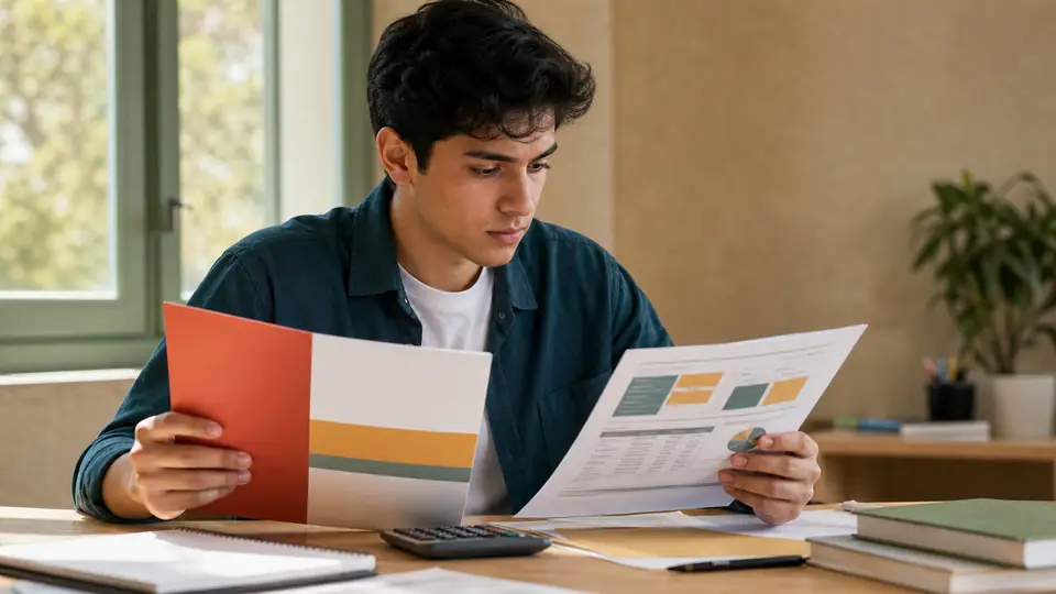 Student reviewing university costs and scholarship figures