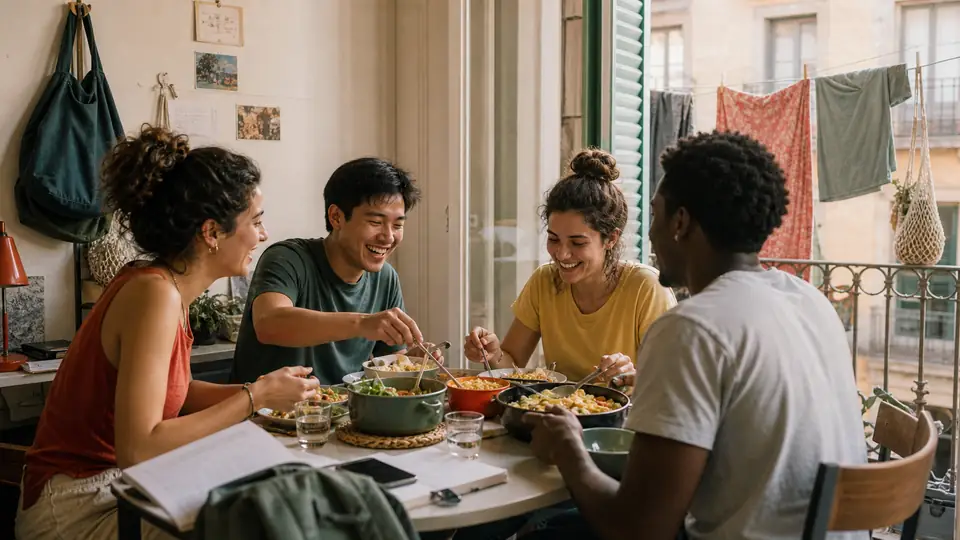 Küçük bir evde birlikte yemek yiyen uluslararası öğrenciler
