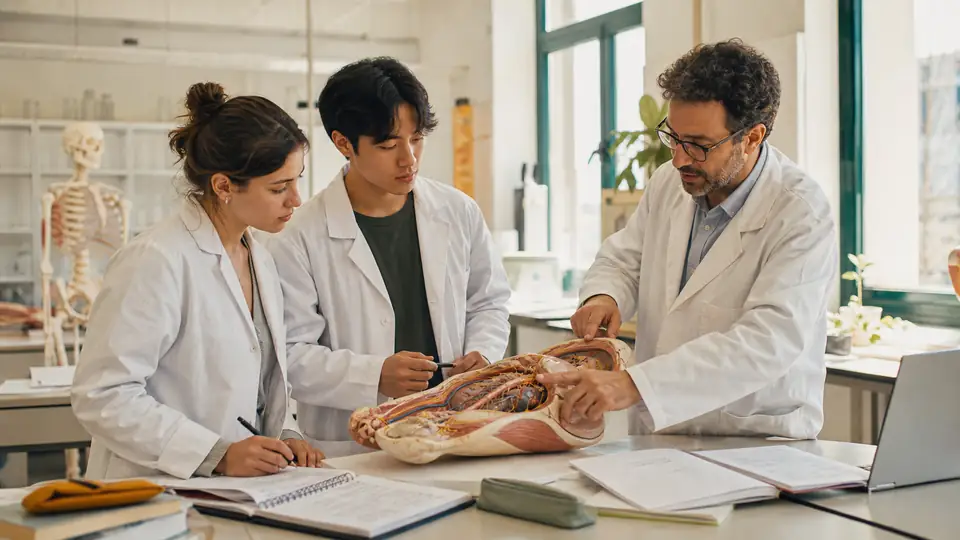 Eğitim laboratuvarında anatomi modeliyle çalışan tıp öğrencileri
